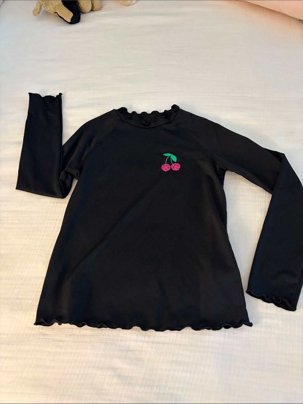 Art classBlack Ruffle Neck Long Sleeve Rash Guard 🍒 🍒